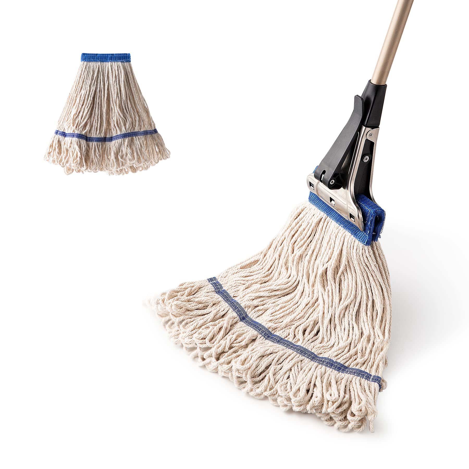 Eyliden Heavy Duty Commercial Cotton Mop Looped-End String Wet Industrial Mops 2pcs Cotton Head with Extendable Handle and Patent Stainless Steel Jaw Clamp Home Office Cement Floor Use (White)