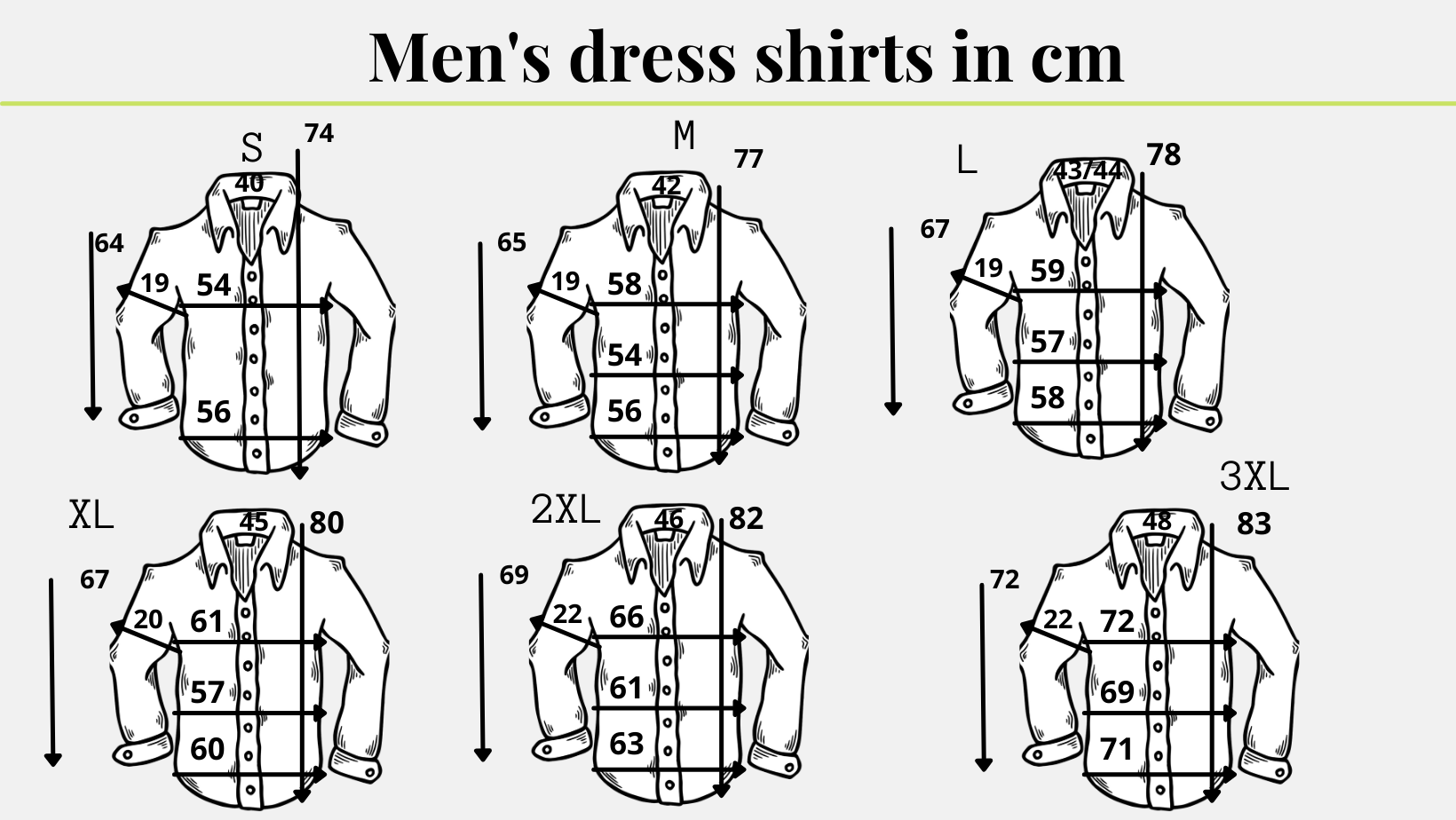 Vīriešu kleitu kreklu izmēru rokasgrāmata CM
