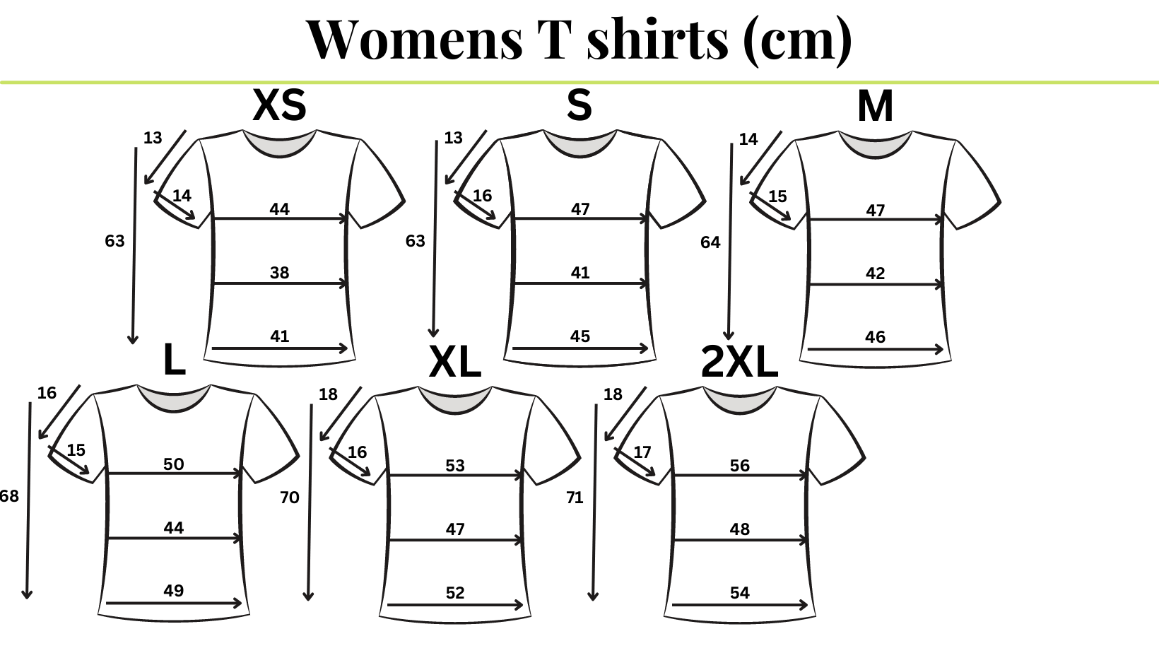Sieviešu T-kreklu izmēru rokasgrāmata CM