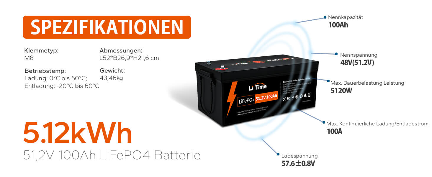 0% MwSt.】LiTime 51,2V 100Ah LiFePO4 Batterie mit 16 Zellen