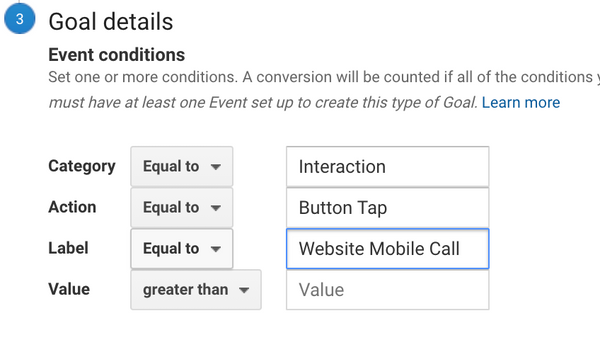 Google analytics phone call goal details