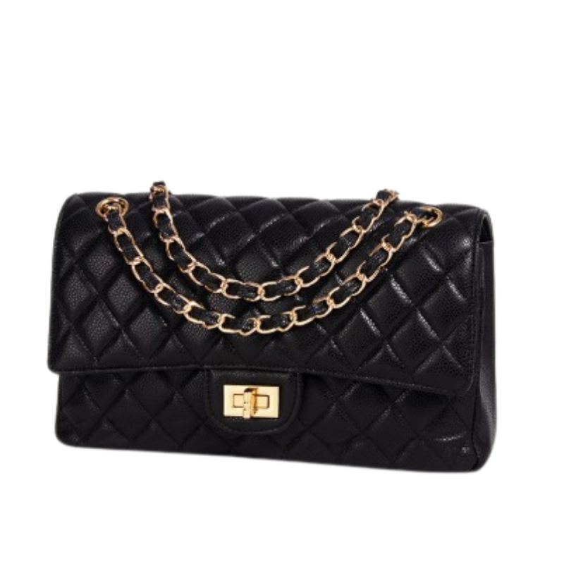 Quilted Genuine Leather Chain Strap Flap Bag with Lock Closure in Black color