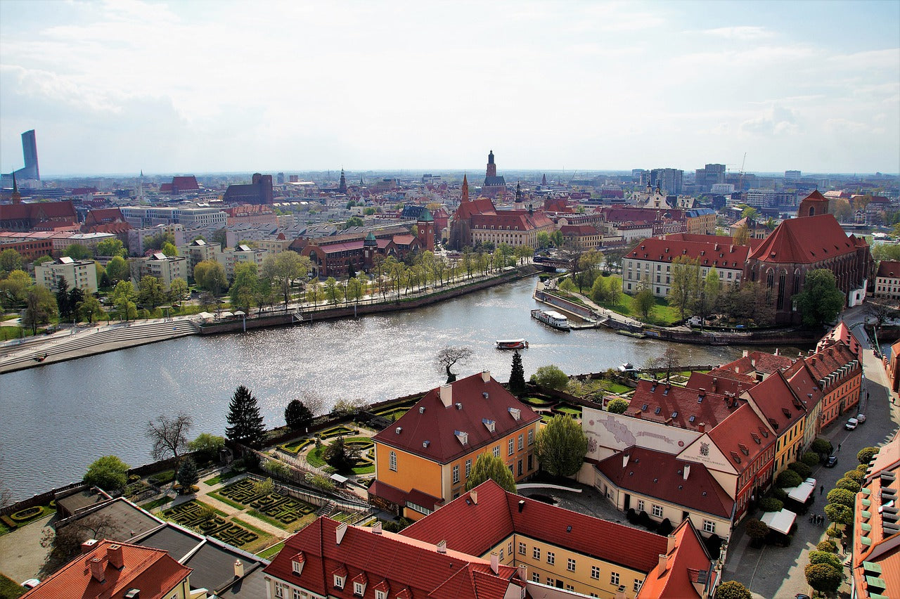 Aerial view of Wroclaw cityscape with Oder River and historical buildings in Poland.