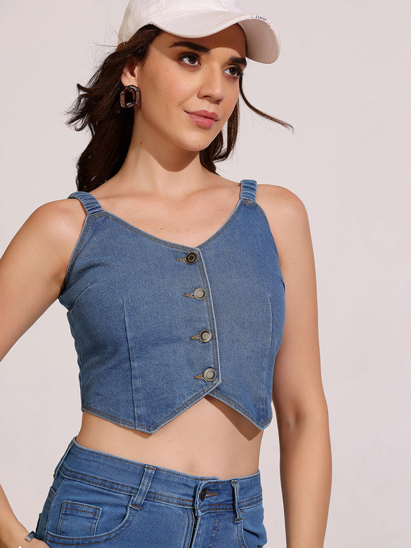 Women's Mid-Blue V-Neck Elasticated Straps Solid Waistcoat-Styled Cropped Denim Top