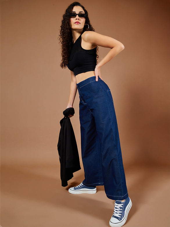Women's Navy Blue Wide-Leg High-Rise Denim Pants