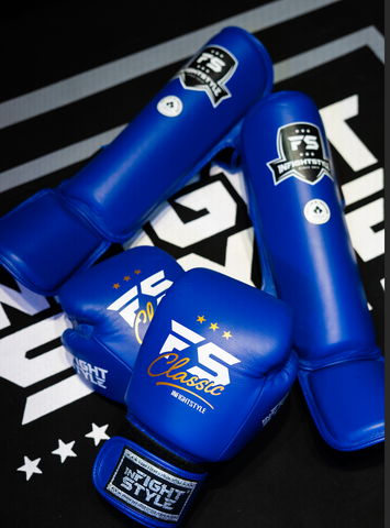 Infightstyle muay thai boxing gloves shin guards blue
