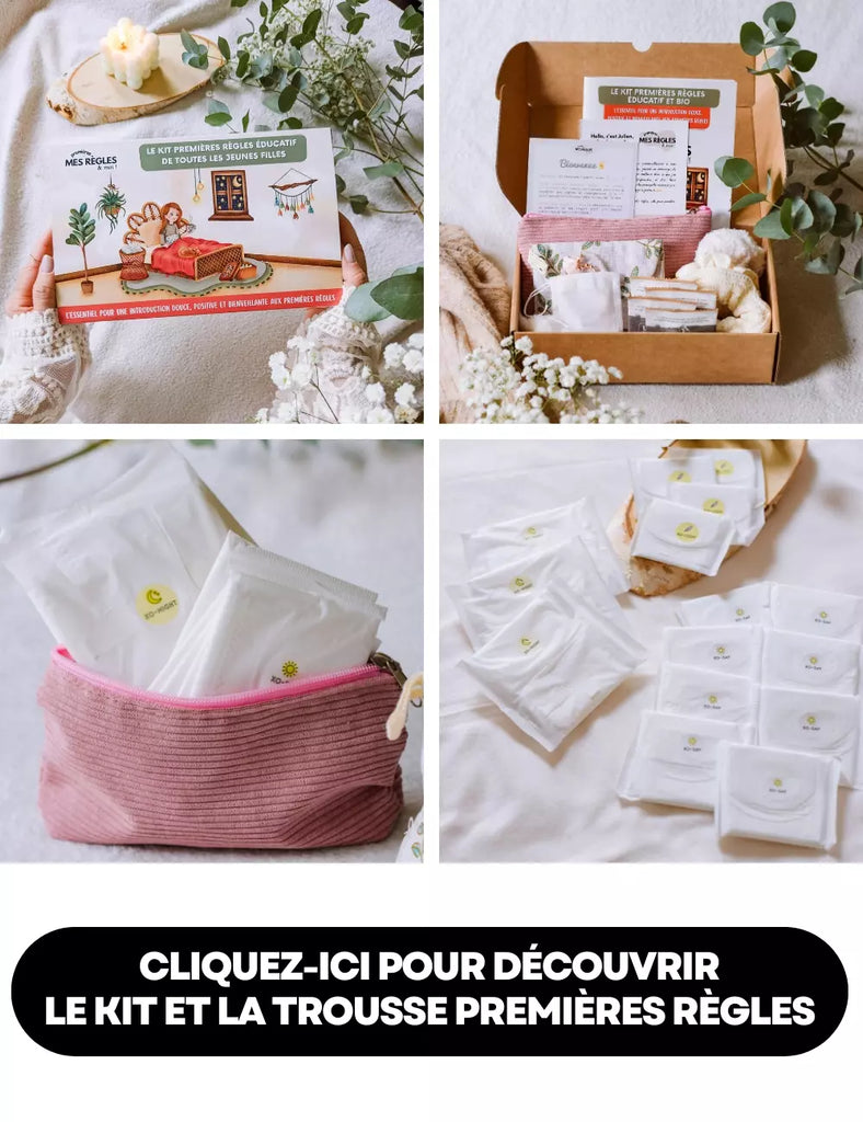 trousse premières règles avec serviettes hygiéniques coton bio pour l'école et kit premières règles éducatif pour ados et pré-ados