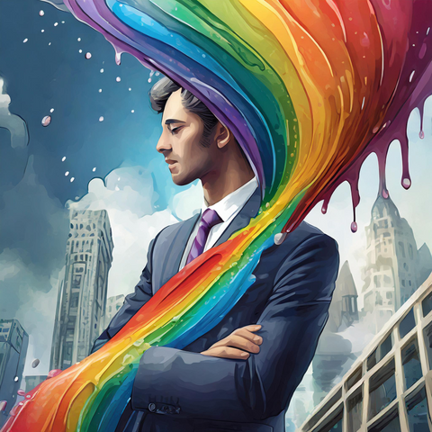 Corporate man with a swath of rainbow paint covering part of him, against a NY skyscraper background