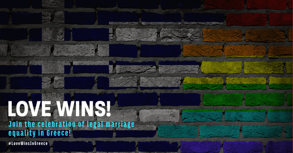 Love Wins! Join the Celebration of legal marriage equality in Greece! #LoveWinsInGreece - Background: Brick wall painted with a merging of the Greek flag and the Pride Rainbow Flag.