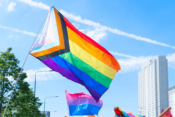 Progress Pride Flag, LGBTQ Pride, Blue sky city building background Pride Parade