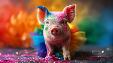 rainbow paint on a piglet in a tutu