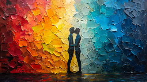 Stylized painterly rainbow background with two silhouetted figures kissing.