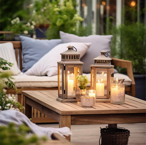 Cozy patio setup with wooden furniture, candles, and lanterns surrounded by greenery.