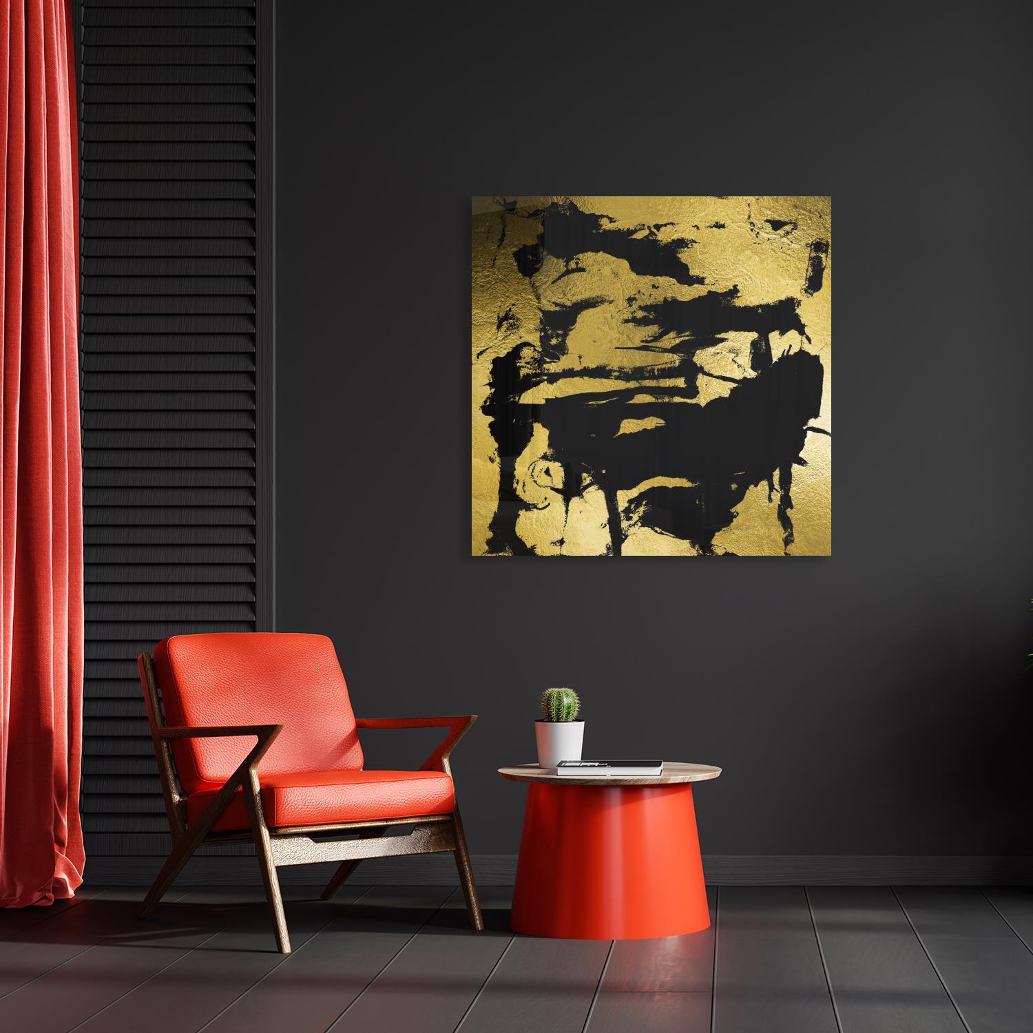 Das Bild zeigt ein Acrylglasbild mit Blattgold in einem edlen Zimmer mit einem abstrakten Motiv.