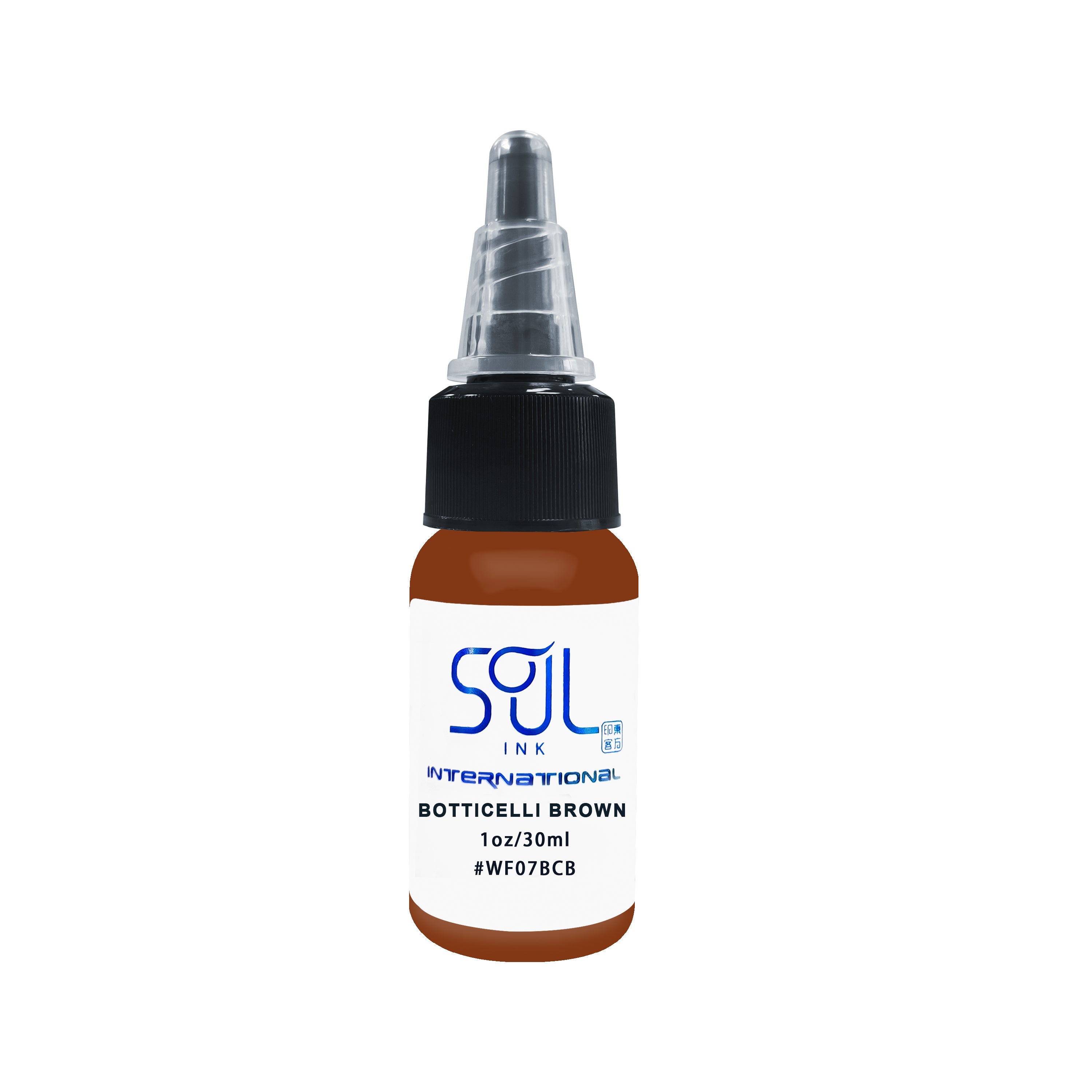 Photograph of a bottle of 'Soul Ink' brand Botticelli brown ink. The label prominently displays the brand name 'Soul Ink' in stylish blue typography against a white background. The Botticelli brown 30 ml bottle with a white label featuring the brands name 'Soul Ink'.