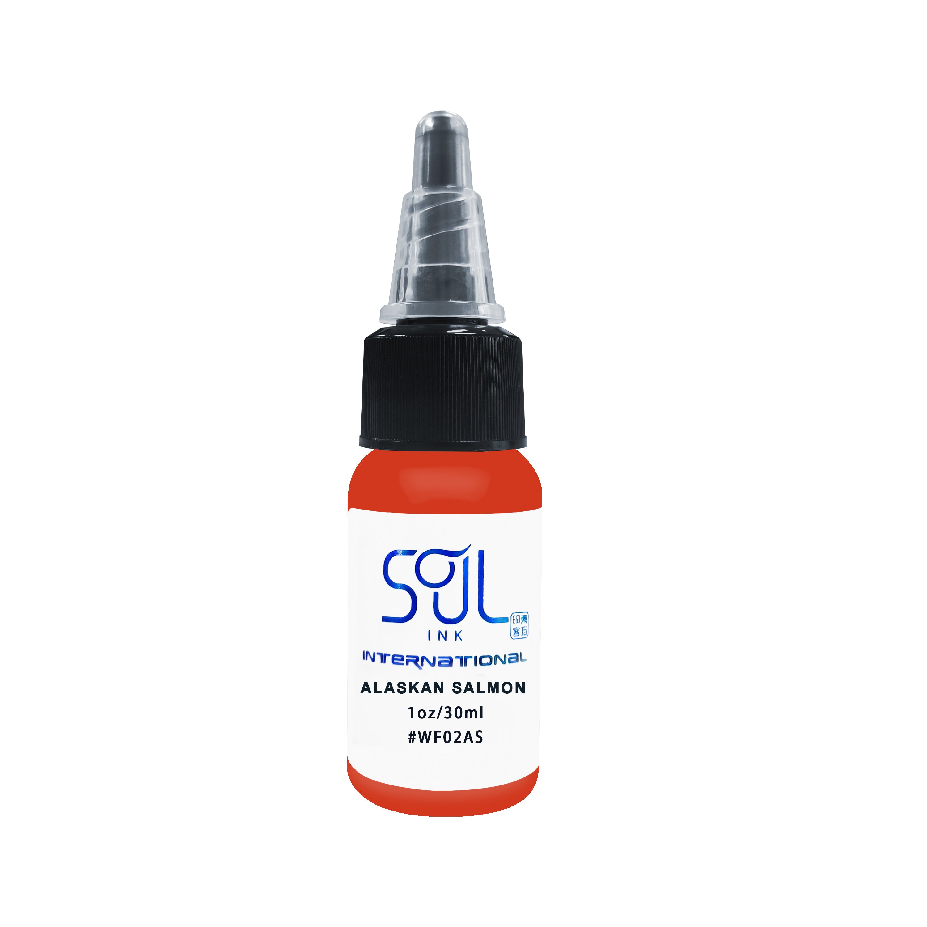 Photograph of a bottle of 'Soul Ink' brand alaskan salmon ink. The label prominently displays the brand name 'Soul Ink' in stylish blue typography against a white background. The alaskan salmon 30 ml bottle with a white label featuring the brands name 'Soul Ink'.