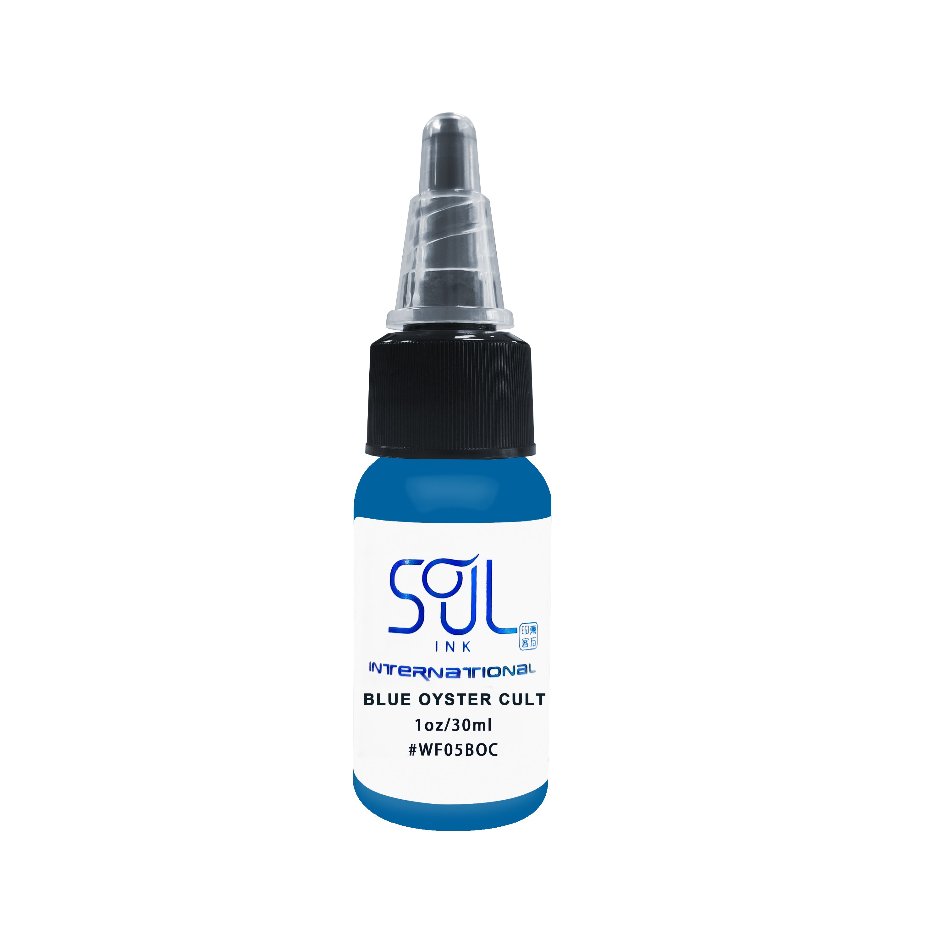 Photograph of a bottle of 'Soul Ink' brand blue oyster cult ink. The label prominently displays the brand name 'Soul Ink' in stylish blue typography against a white background. The blue oyster cult 30 ml bottle with a white label featuring the brands name 'Soul Ink'.