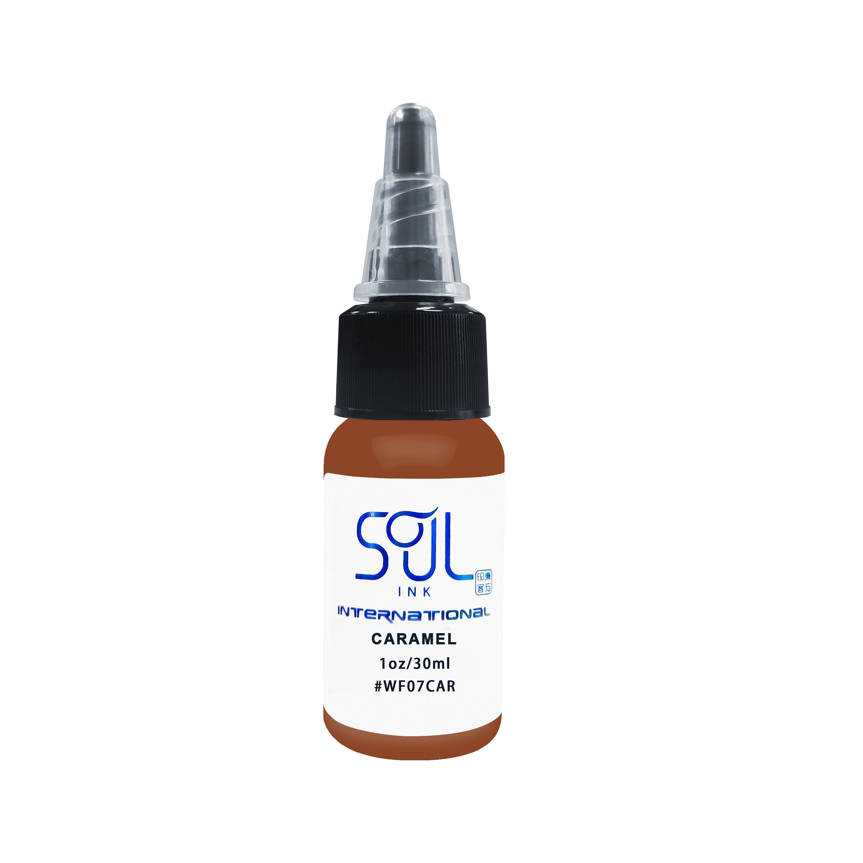 Photograph of a bottle of 'Soul Ink' brand Caramel ink. The label prominently displays the brand name 'Soul Ink' in stylish blue typography against a white background. The caramel 30 ml bottle with a white label featuring the brands name 'Soul Ink'.