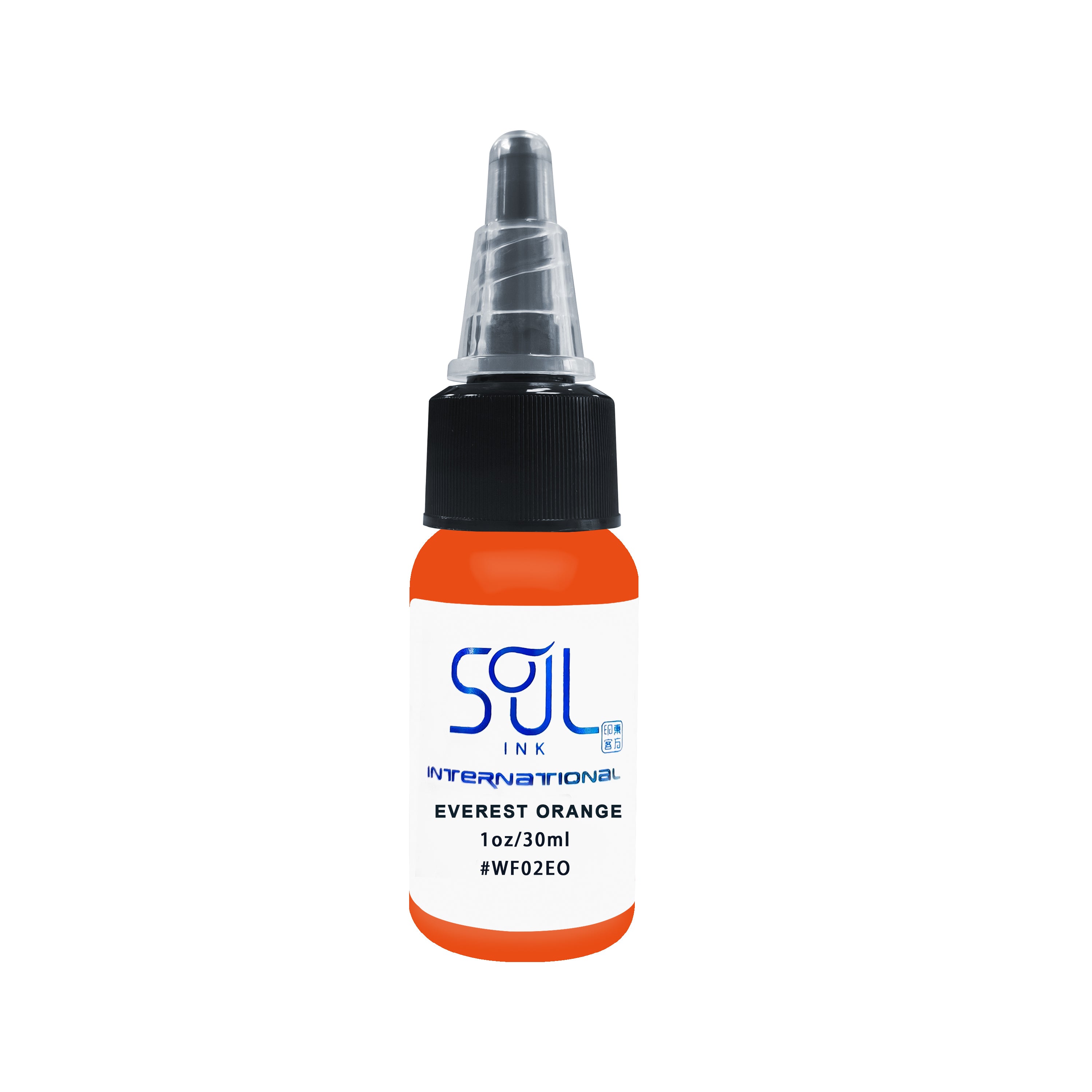 Photograph of a bottle of 'Soul Ink' brand Everest orange ink. The label prominently displays the brand name 'Soul Ink' in stylish blue typography against a white background. The Everest orange 30 ml bottle with a white label featuring the brands name 'Soul Ink'.