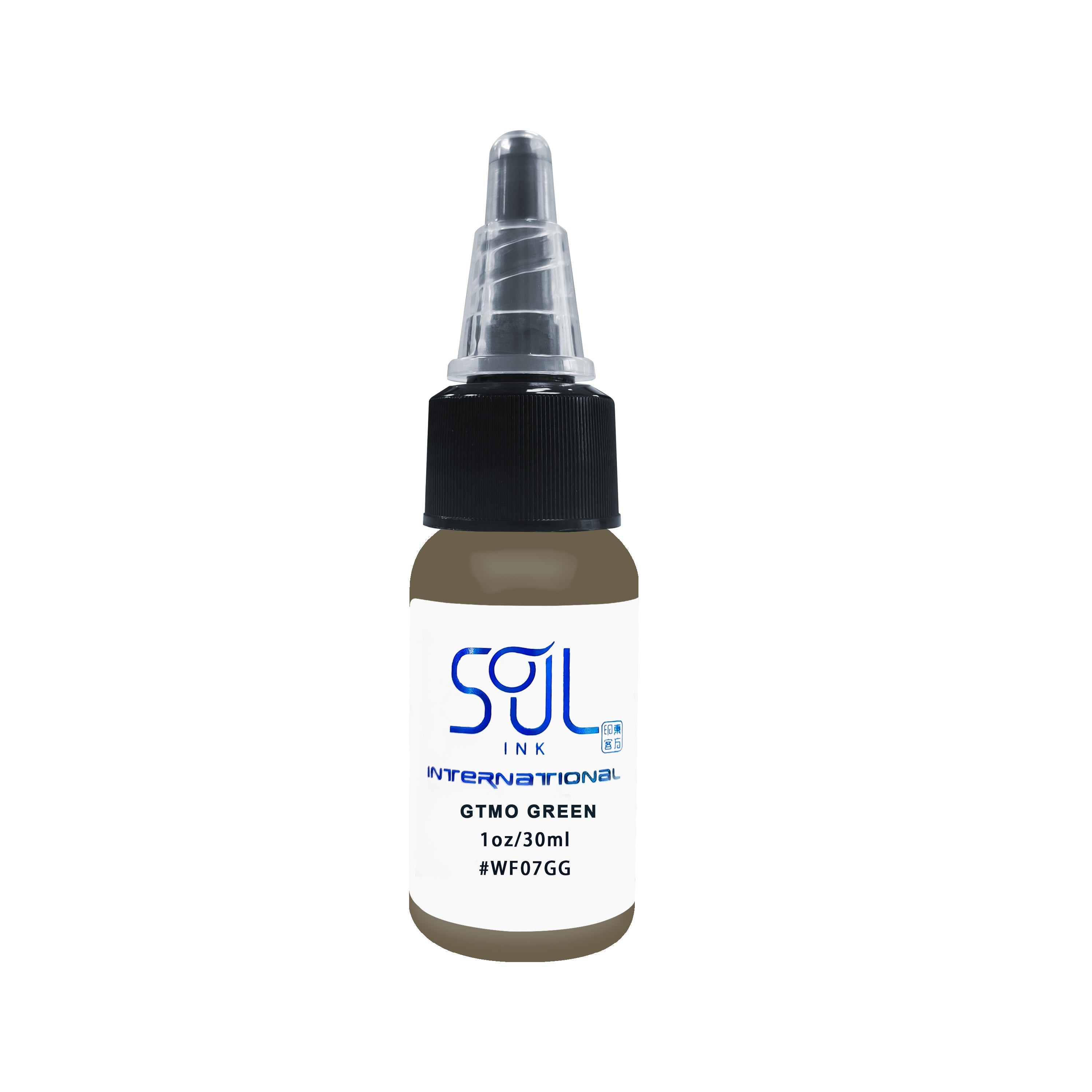 Photograph of a bottle of 'Soul Ink' brand GTMO green ink. The label prominently displays the brand name 'Soul Ink' in stylish blue typography against a white background. The GTMO green 30 ml bottle with a white label featuring the brands name 'Soul Ink'.