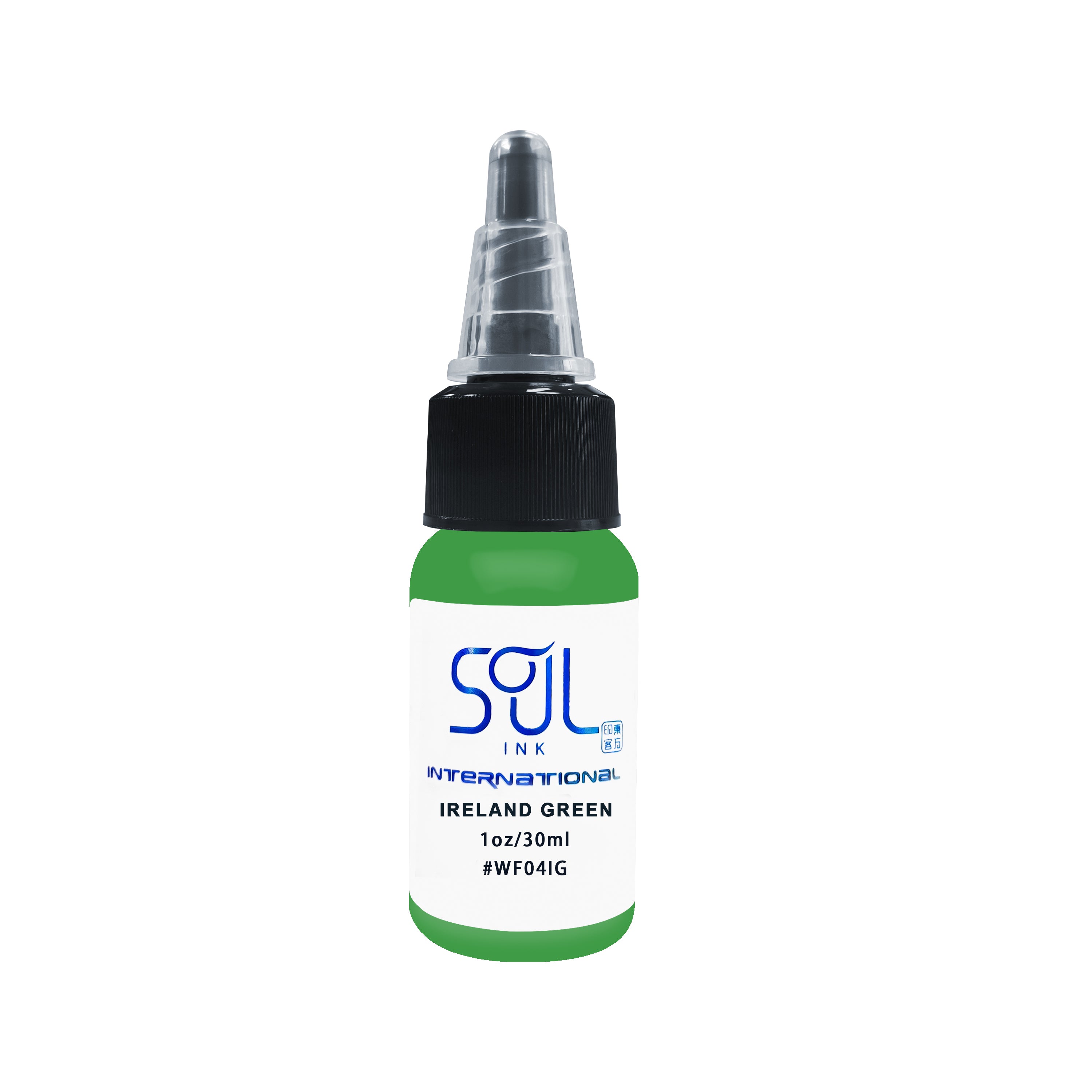 Photograph of a bottle of 'Soul Ink' brand Ireland green ink. The label prominently displays the brand name 'Soul Ink' in stylish blue typography against a white background. The Ireland green 30 ml bottle with a white label featuring the brands name 'Soul Ink'.