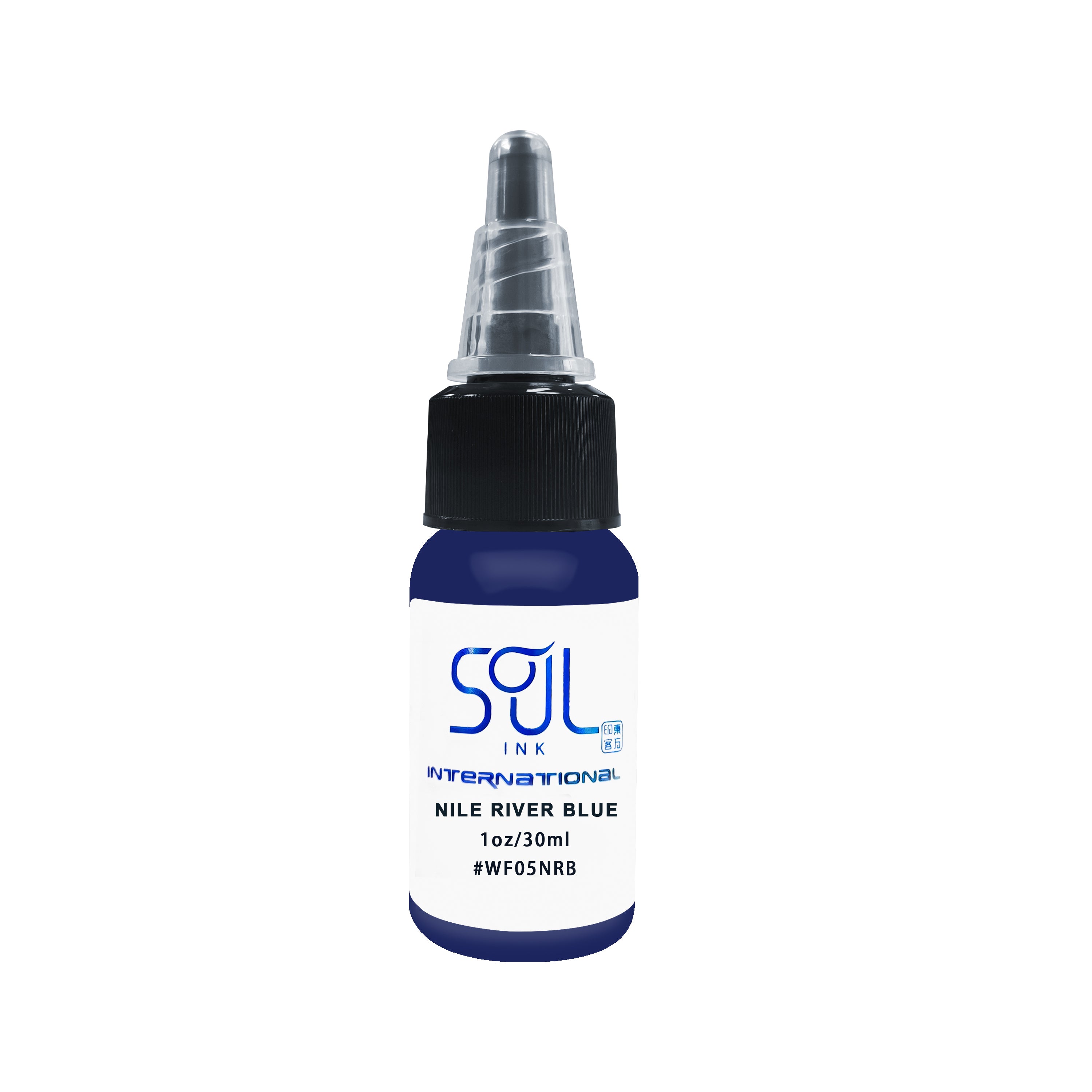 Photograph of a bottle of 'Soul Ink' brand Nile river blue ink. The label prominently displays the brand name 'Soul Ink' in stylish blue typography against a white background. The Nile river blue 30 ml bottle with a white label featuring the brands name 'Soul Ink'.