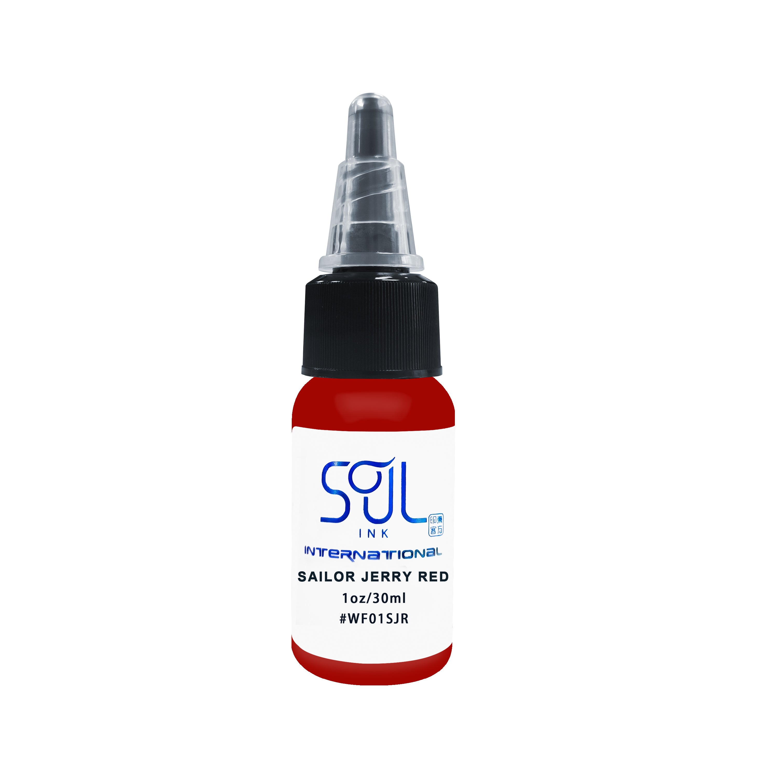 Photograph of a bottle of 'Soul Ink' brand sailor jerry red ink. The label prominently displays the brand name 'Soul Ink' in stylish blue typography against a white background. The sailor jerry red 30 ml bottle with a white label featuring the brands name 'Soul Ink'.