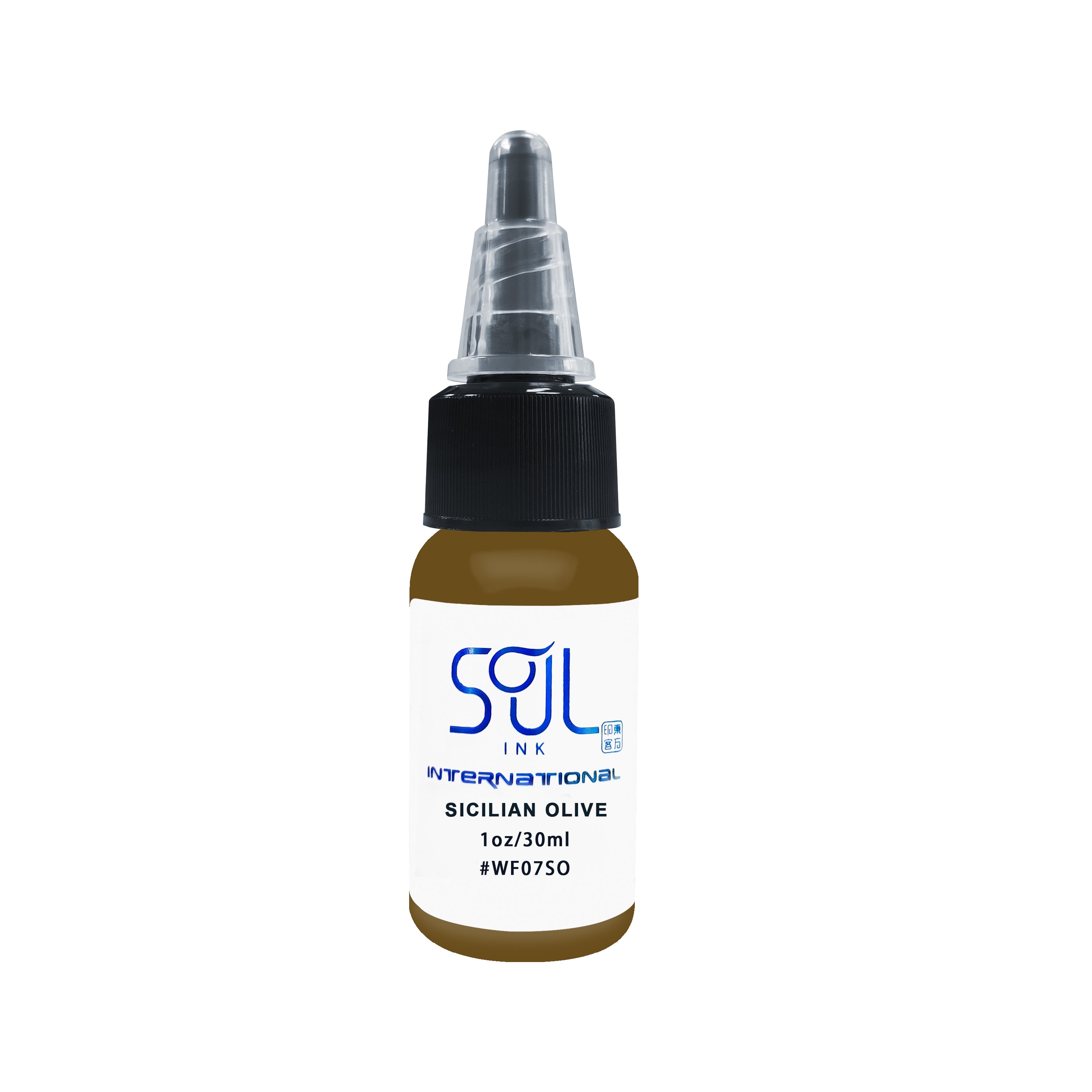 Photograph of a bottle of 'Soul Ink' brand Sicilian olive ink. The label prominently displays the brand name 'Soul Ink' in stylish blue typography against a white background. The Sicilian olive 30 ml bottle with a white label featuring the brands name 'Soul Ink'.