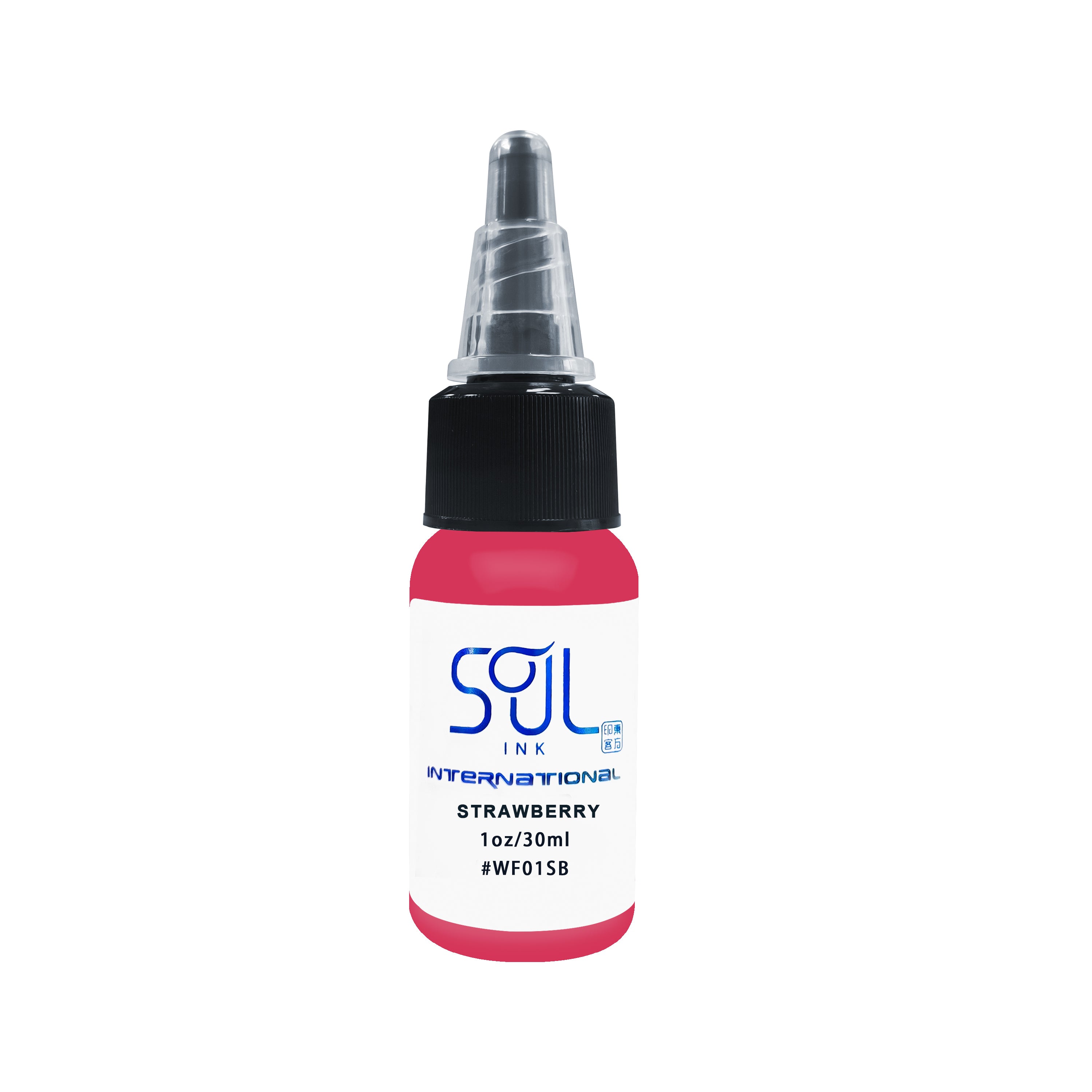 Photograph of a bottle of 'Soul Ink' brand strawberry ink. The label prominently displays the brand name 'Soul Ink' in stylish blue typography against a white background. The strawberry 30 ml bottle with a white label featuring the brands name 'Soul Ink'.