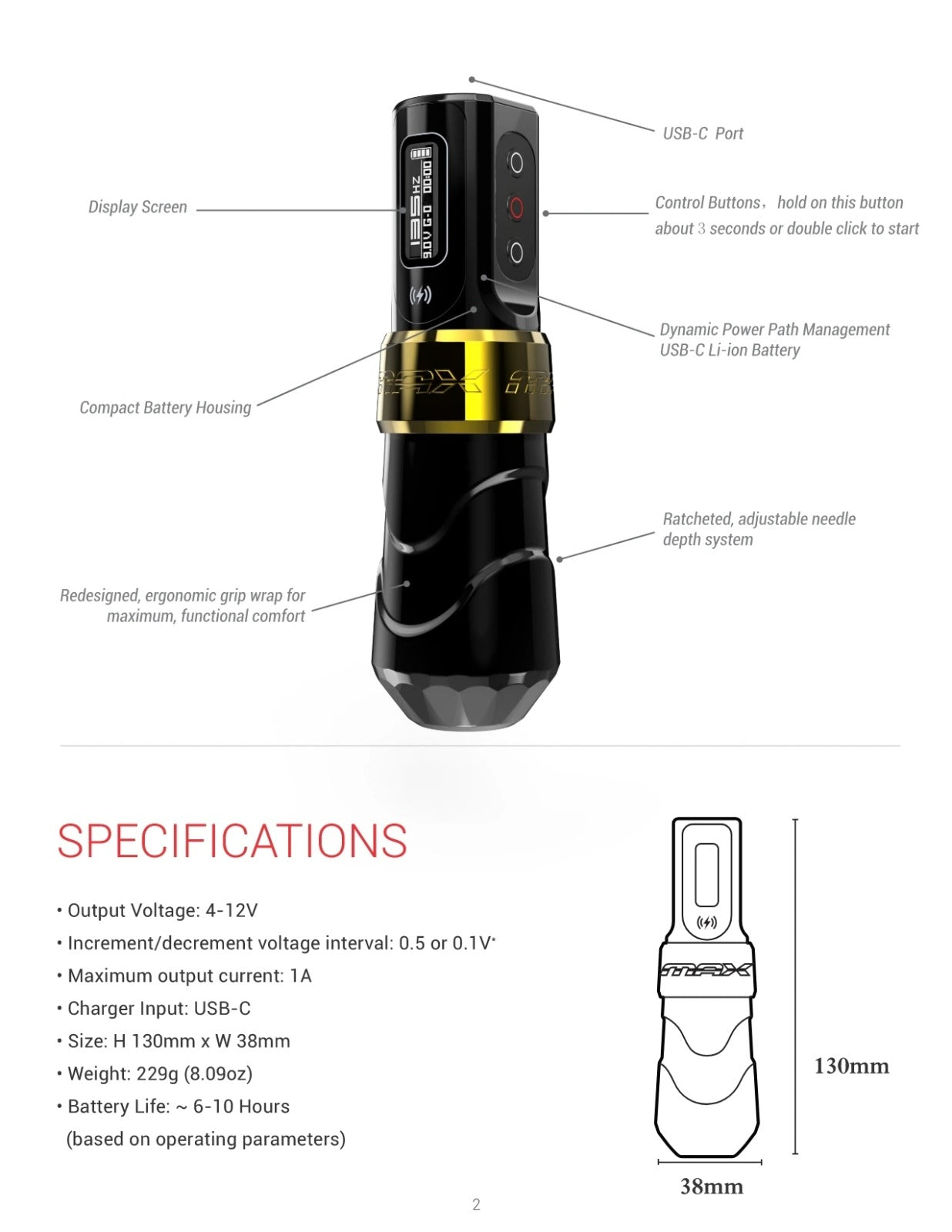 Photograph of a wireless tattoo pen machine alongside its specifications. The machine is prominently featured, with the specifications listed beside it, providing details about its features and functionality.