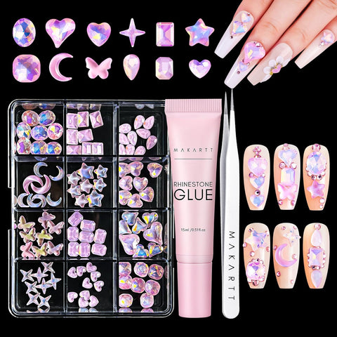 Makartt 2 Jars Nail Rhinestone Glue Gel with Nail Brush Pen& Gems Strong Adhesive Gel Nail Crystal, Size: 8g, Black