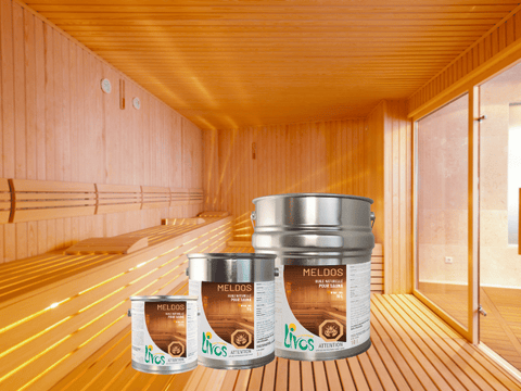 présentation de trois formats de l'huile Livos Meldos pour sauna en bois dans un sauna sec en bois.