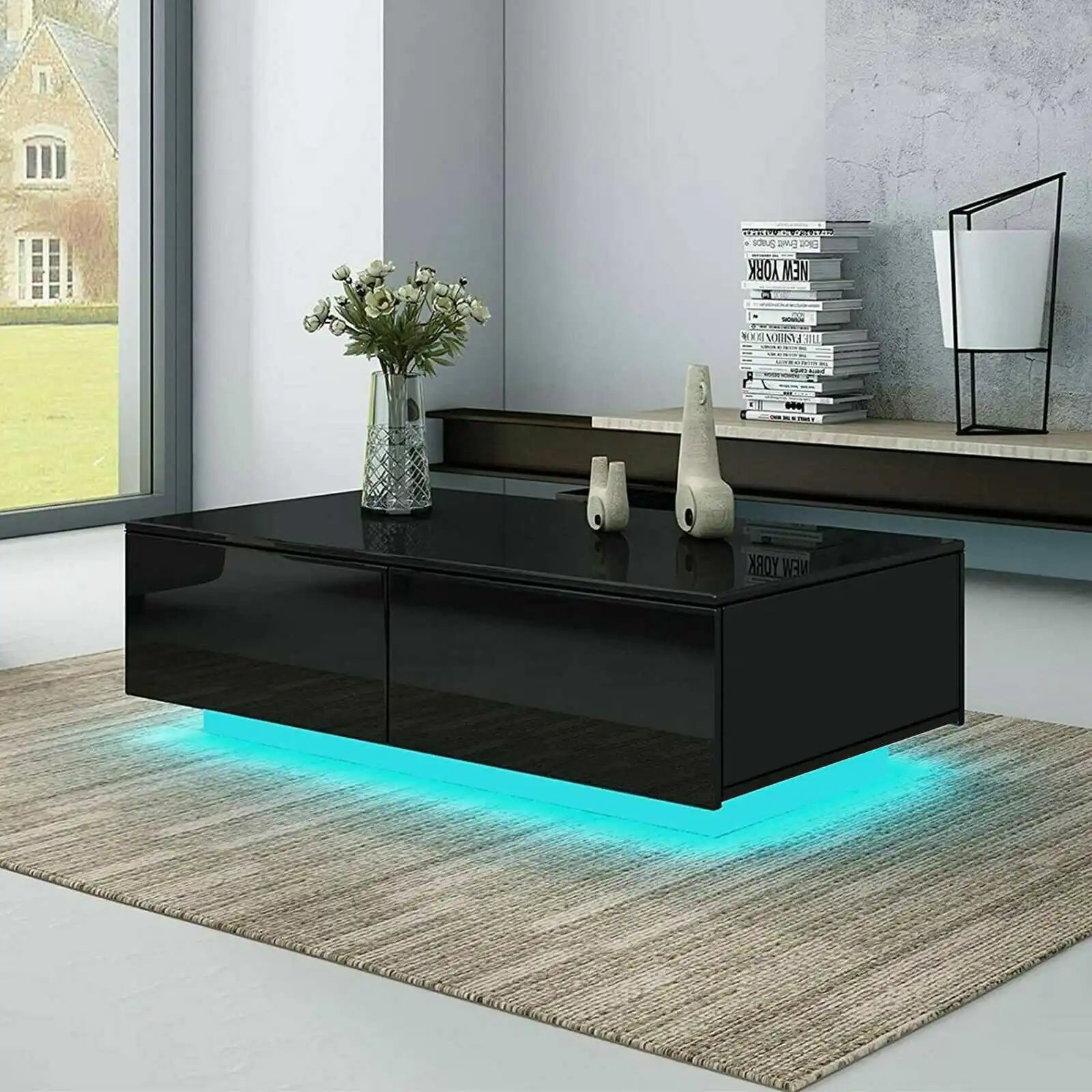 Living Room Furniture Modern High Gloss RGB LED Coffee Table with 4 Drawer Storage Sofa Side End Table Home Furniture black