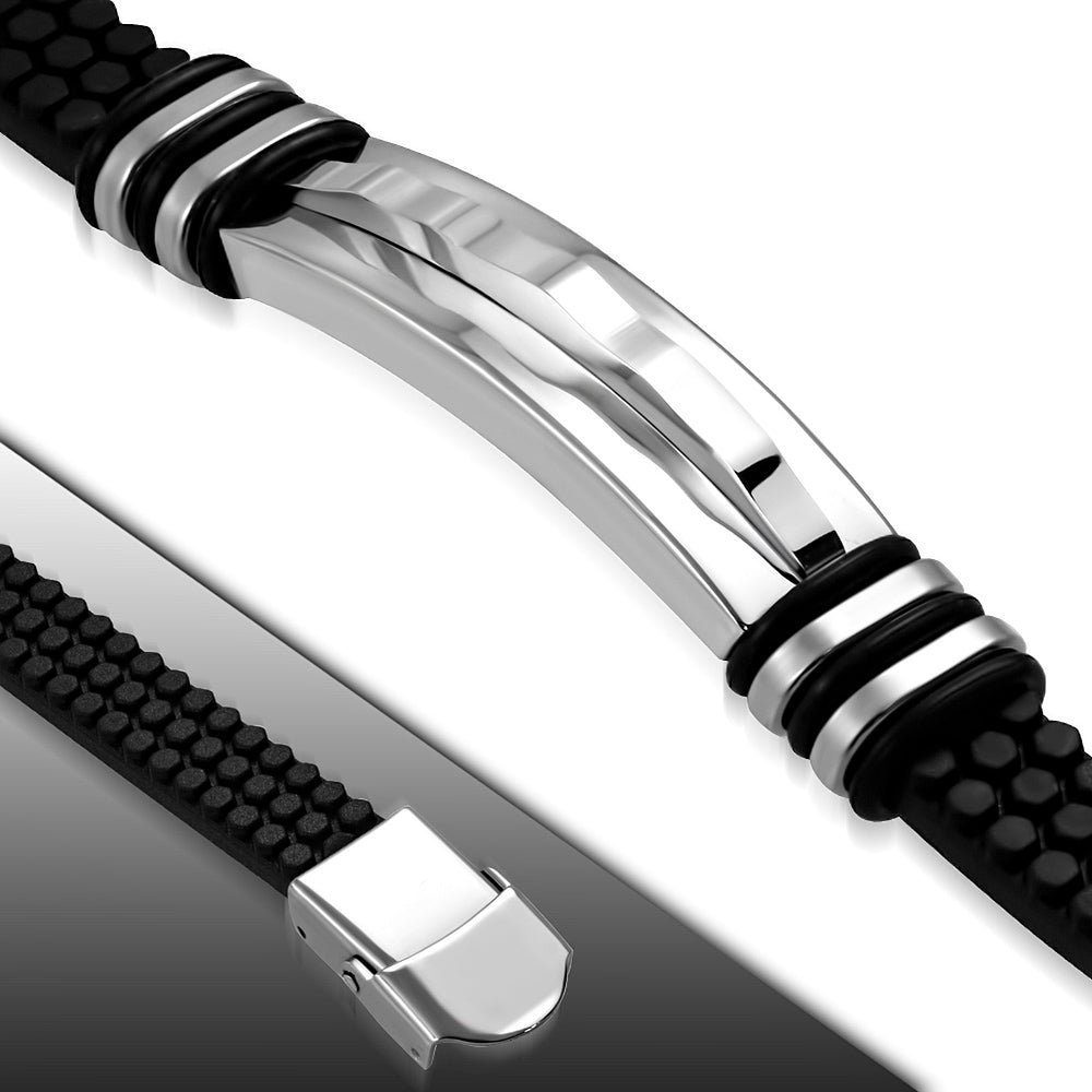 Black Rubber Bracelet w/ Stainless Steel 2-tone Geometric Wavy Watch-S ...
