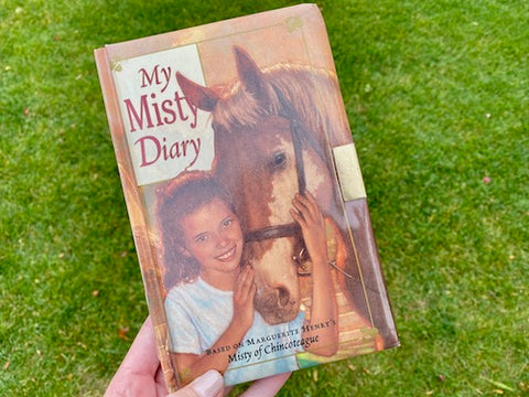My Misty Diary based on Marguerite Henry's Misty of Chincoteague held in front of green grass