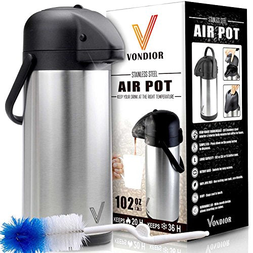 Cresimo 101 oz (3L) Airpot Thermal Coffee Carafe/Lever Action/Stainless Steel Insulated Thermos / 12 Hour Heat Retention / 24 HO