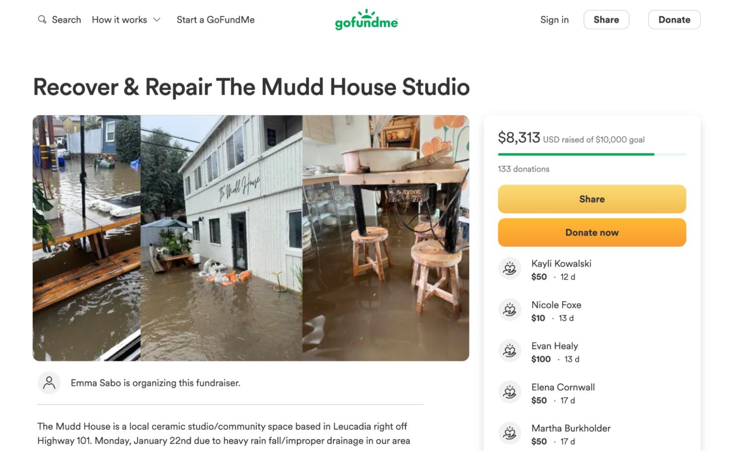 GoFundMe-kampanja tulvakorjaukselle The Mudd House Studiolle lahjoitusmäärällä.