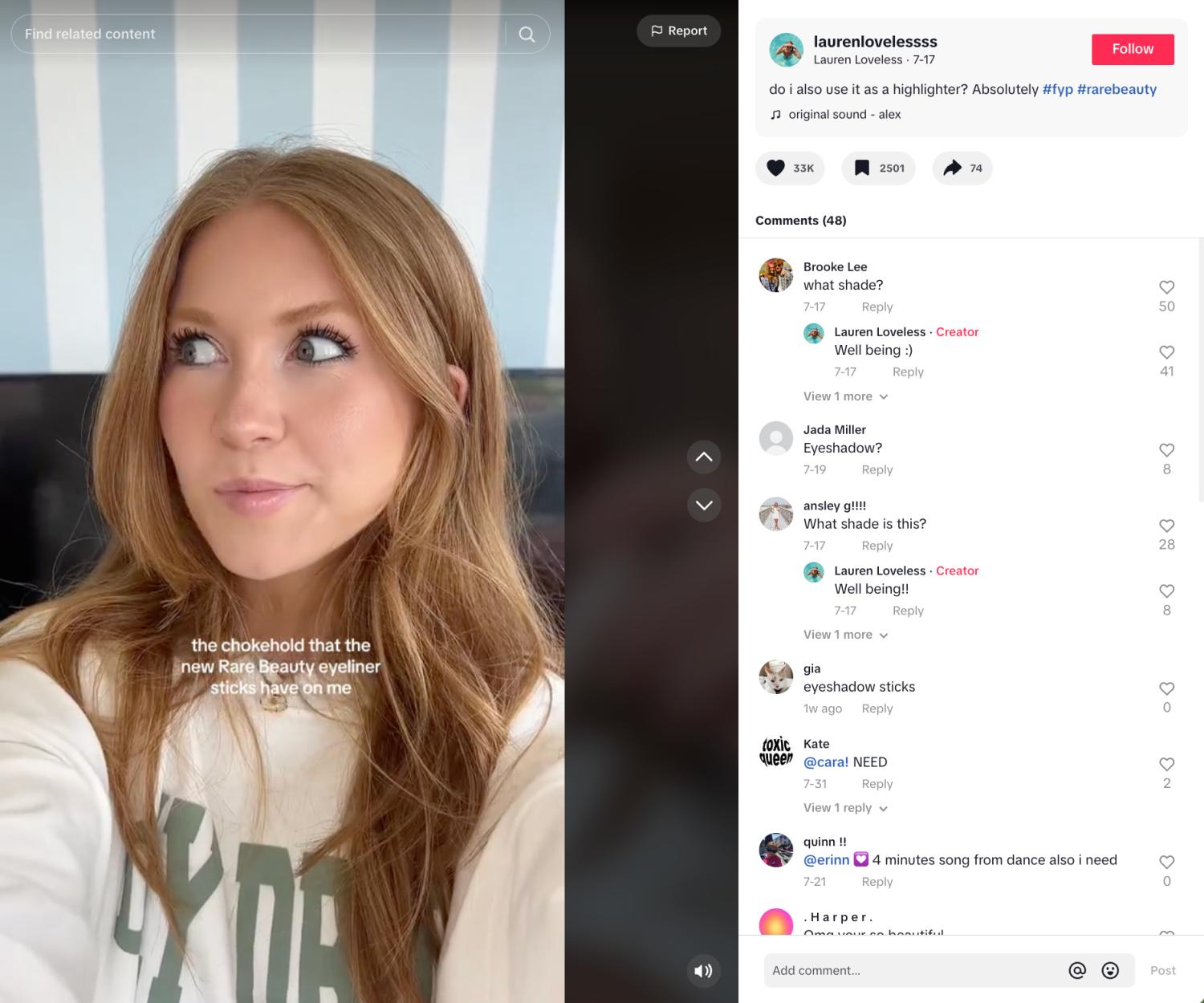 Kuvakaappaus Lauren Lovelessin TikTokista.