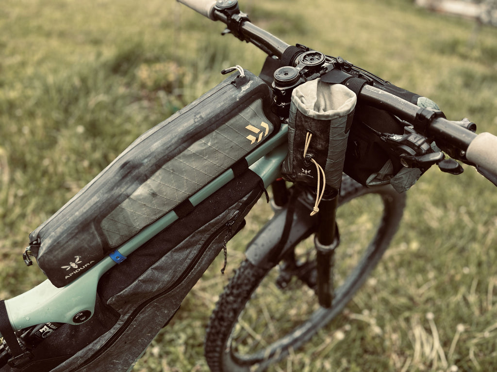 A bikepacking bike with top-tube and stem packs