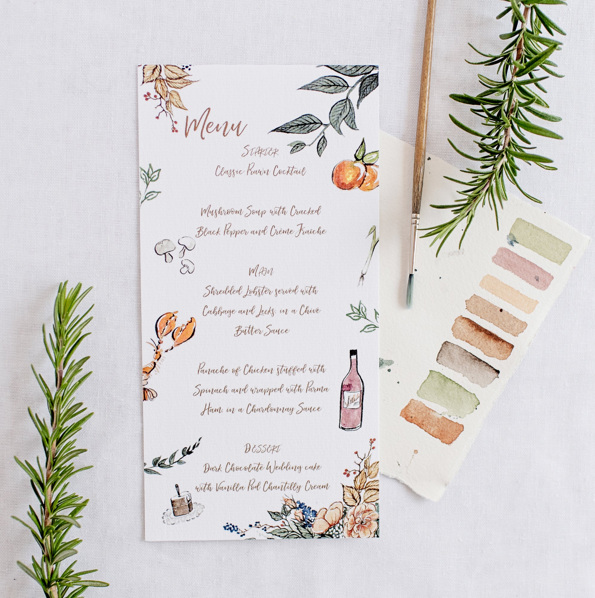 Watercolour illustrated menu in autumnal tones for a fun wedding