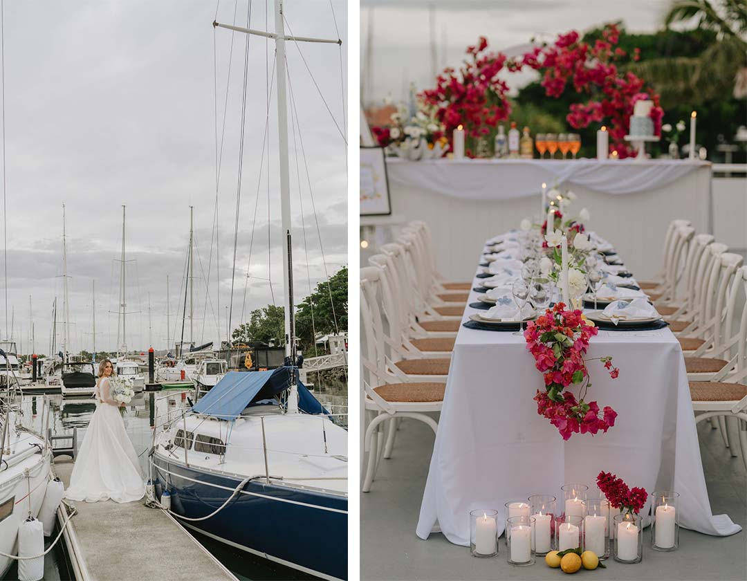 Bride standing on Marina in Mooloolaba and table settings with hot pink bouganvillia and lemons
