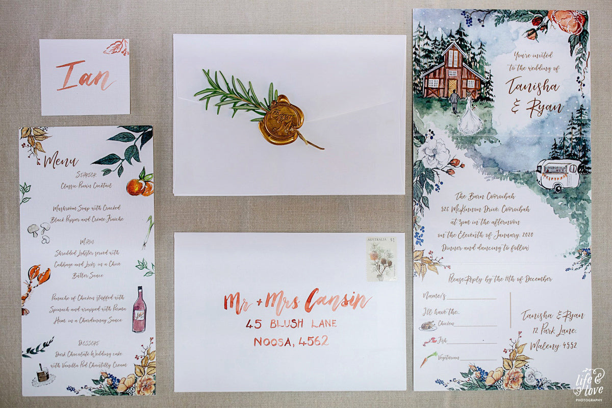 Burnt orange and autumn colours barn wedding invitations, quadfold with couple portrait and orange watercolour calligraphy