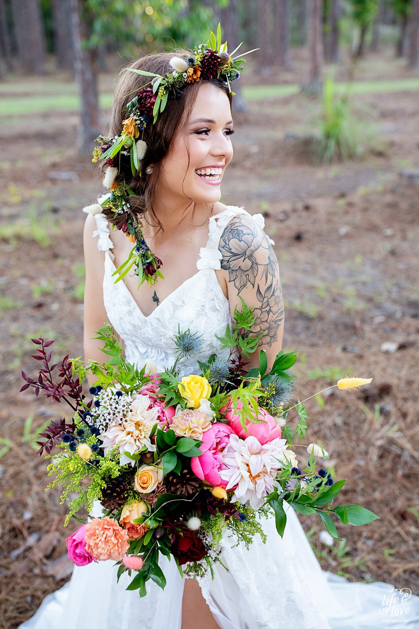 Autumn tones bouquet with bright pops of colour. Bride in flower crown