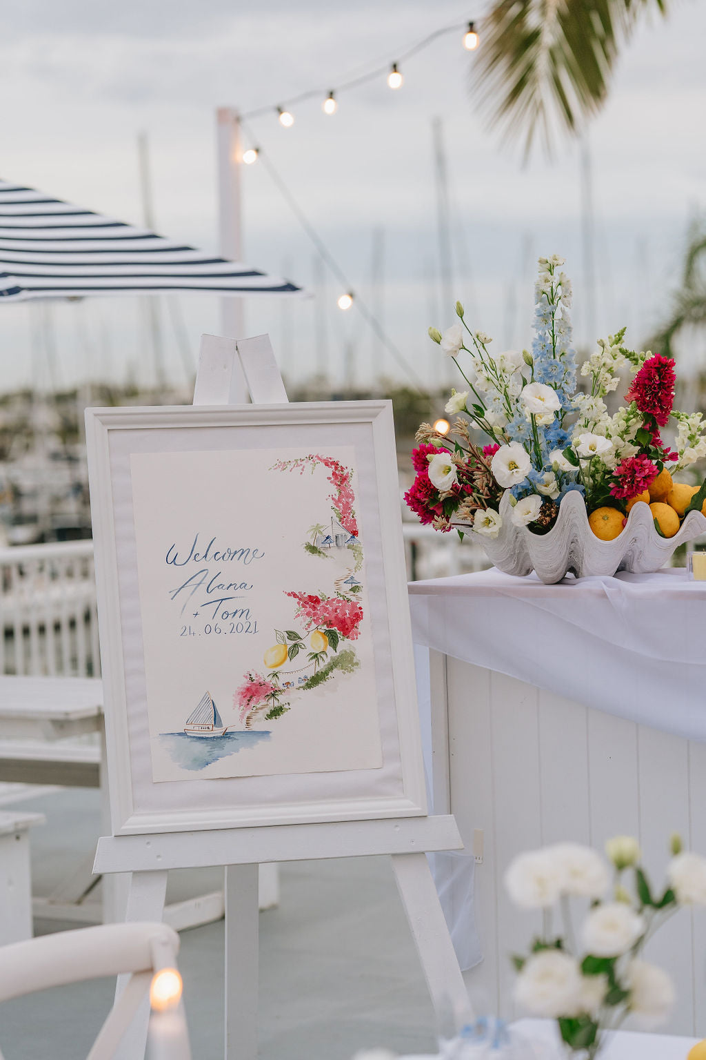 Watercolour beach wedding sign with lemons and sailing boats for a Capri style wedding