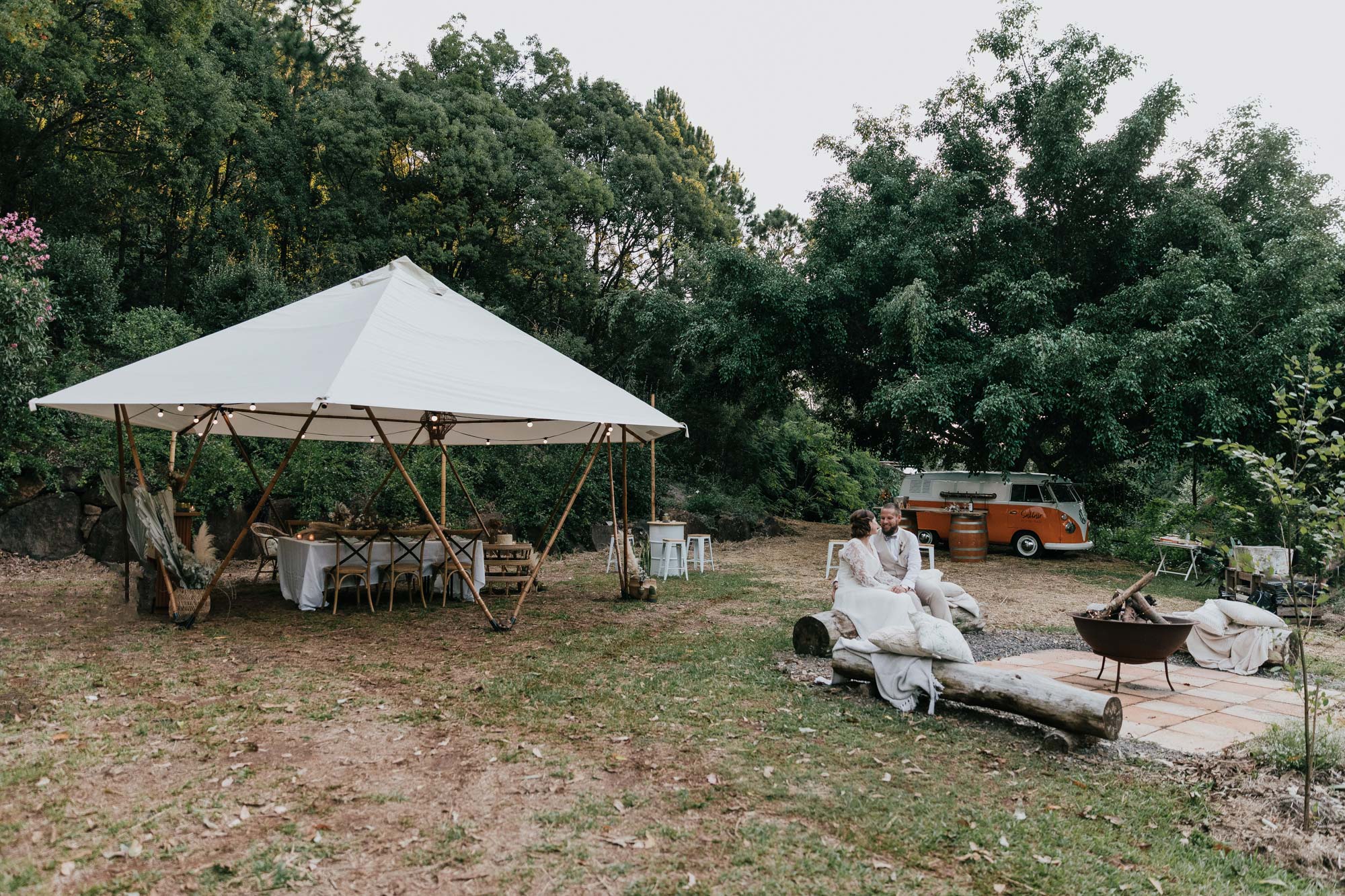 Festival wedding style with tent and kombi bar with beer taps, sit around a firepit and enjoy the stars on your first night as a married couple.
