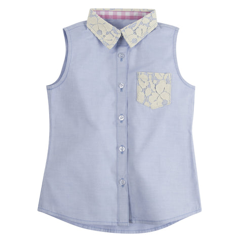 Blue Chambray with Lace Sleeveless Shirt