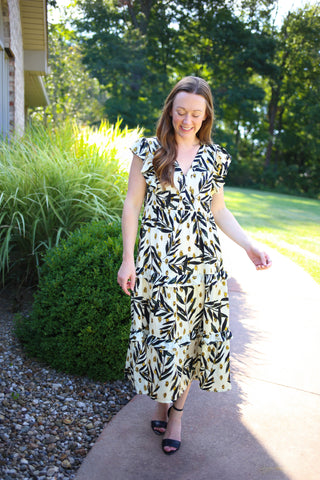 Cream black and yellow floral print midi dress