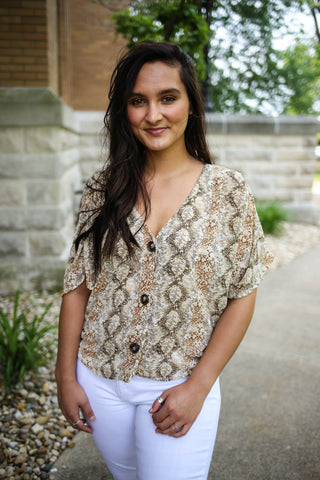 Neutral brown snakeskin print chiffon short sleeve top