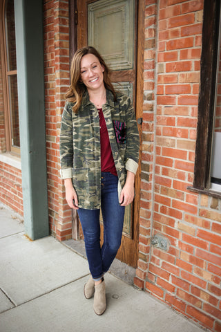 Lightweight Camo shirt jacket with button down front and velvet pocket detail