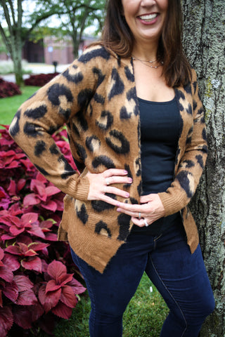 Brown leopard print soft fabric cardigan with long sleeves and an open front